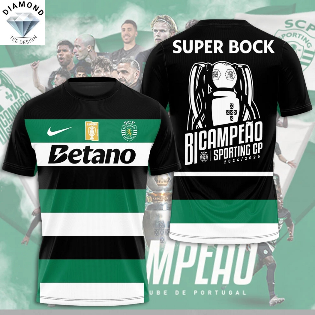 2024-2025 Back To Back Champions Sporting Lisbon Super Bock 3D T-Shirt 2024-2025 Back To Back Champions Sporting Lisbon Super Bock 3D T-Shirt