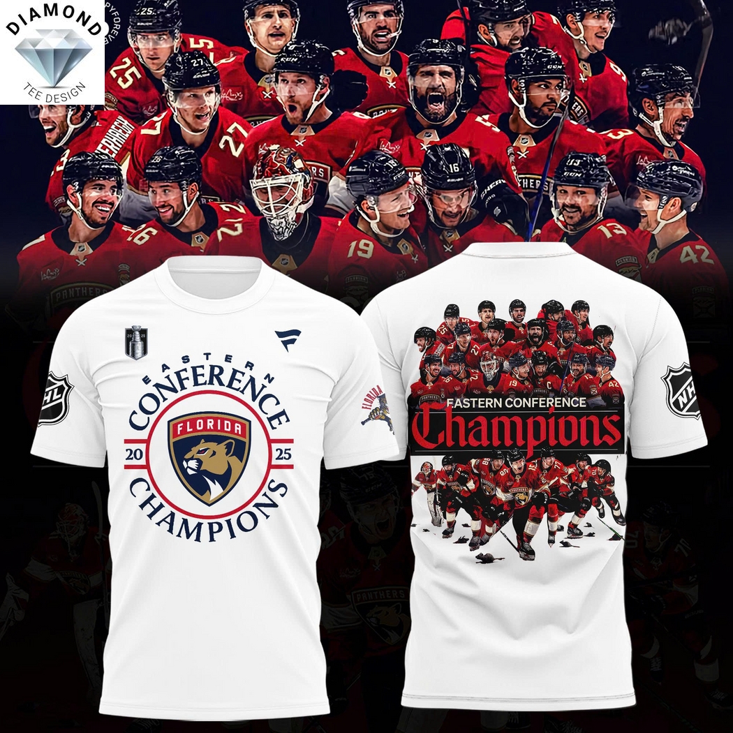 Florida Panthers 2025 Eastern Conference Champions 3D T-Shirt - White Florida Panthers 2025 Eastern Conference Champions 3D T-Shirt - White