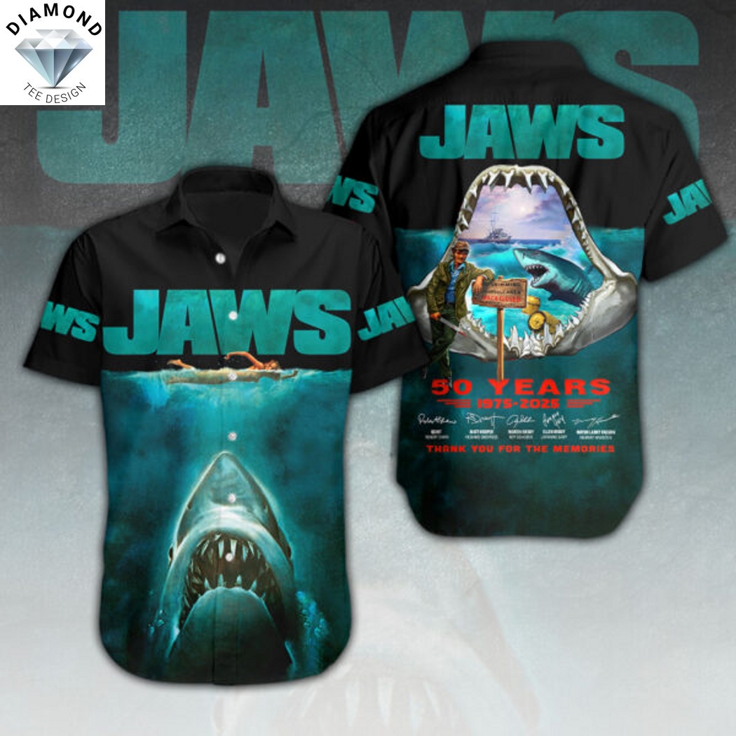 Jaws 50 Years 1975-2025 Signature Thank You For The Memories Hawaiian Shirt Jaws 50 Years 1975-2025 Signature Thank You For The Memories Hawaiian Shirt