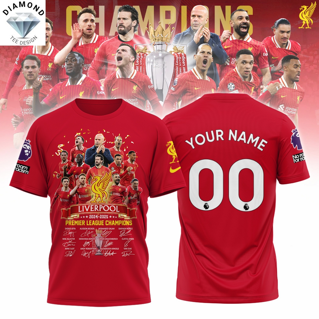 Personalized Liverpool 2024-2025 Premier League Champions Signature 3D T-Shirt Personalized Liverpool 2024-2025 Premier League Champions Signature 3D T-Shirt