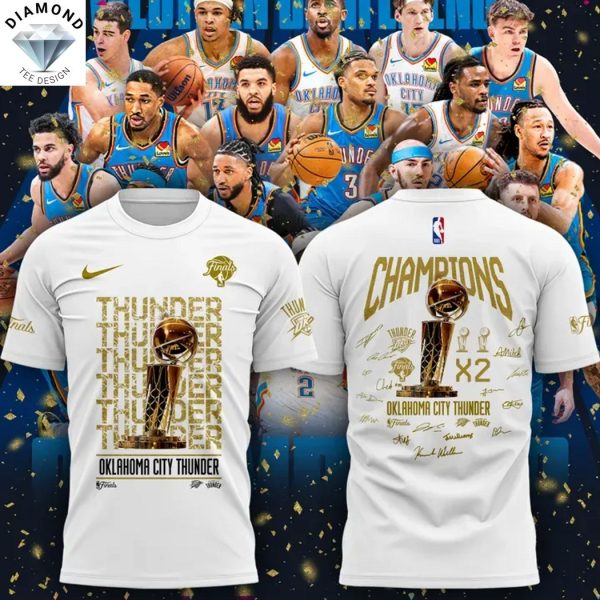 Oklahoma City Thunder Champions 2025 X2 Signature 3D T-Shirt – White
