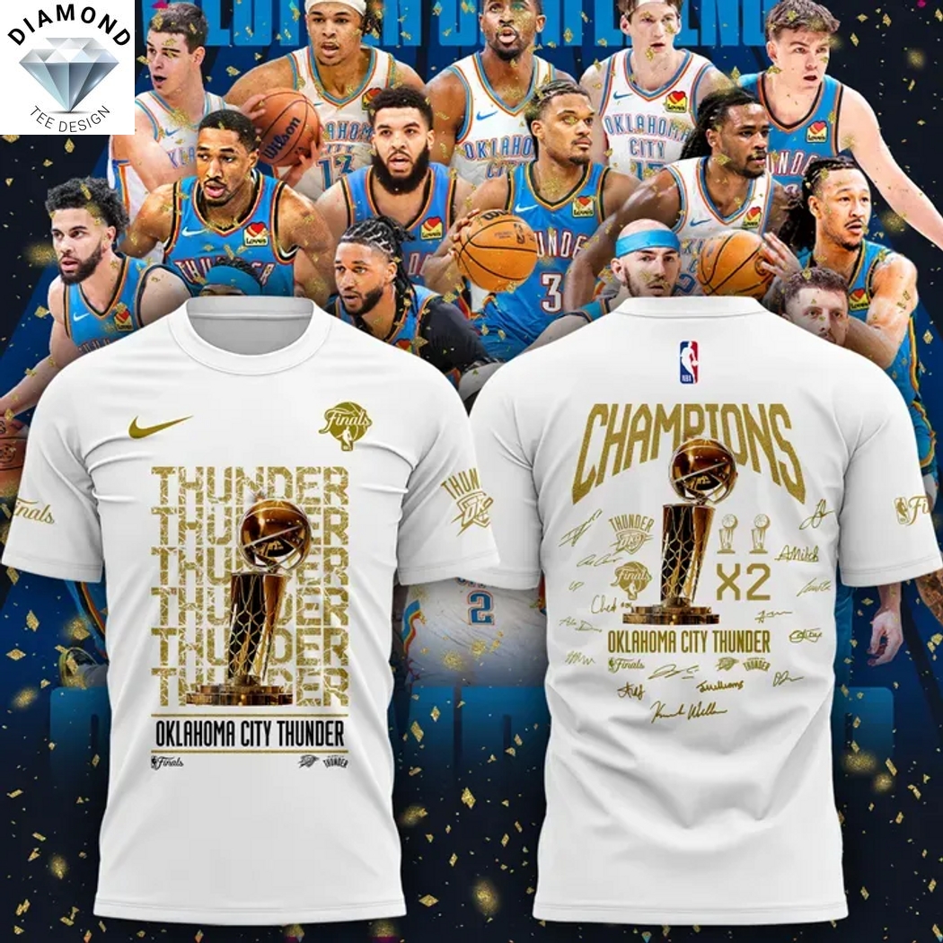Oklahoma City Thunder Champions 2025 X2 Signature 3D T-Shirt - White Oklahoma City Thunder Champions 2025 X2 Signature 3D T-Shirt - White