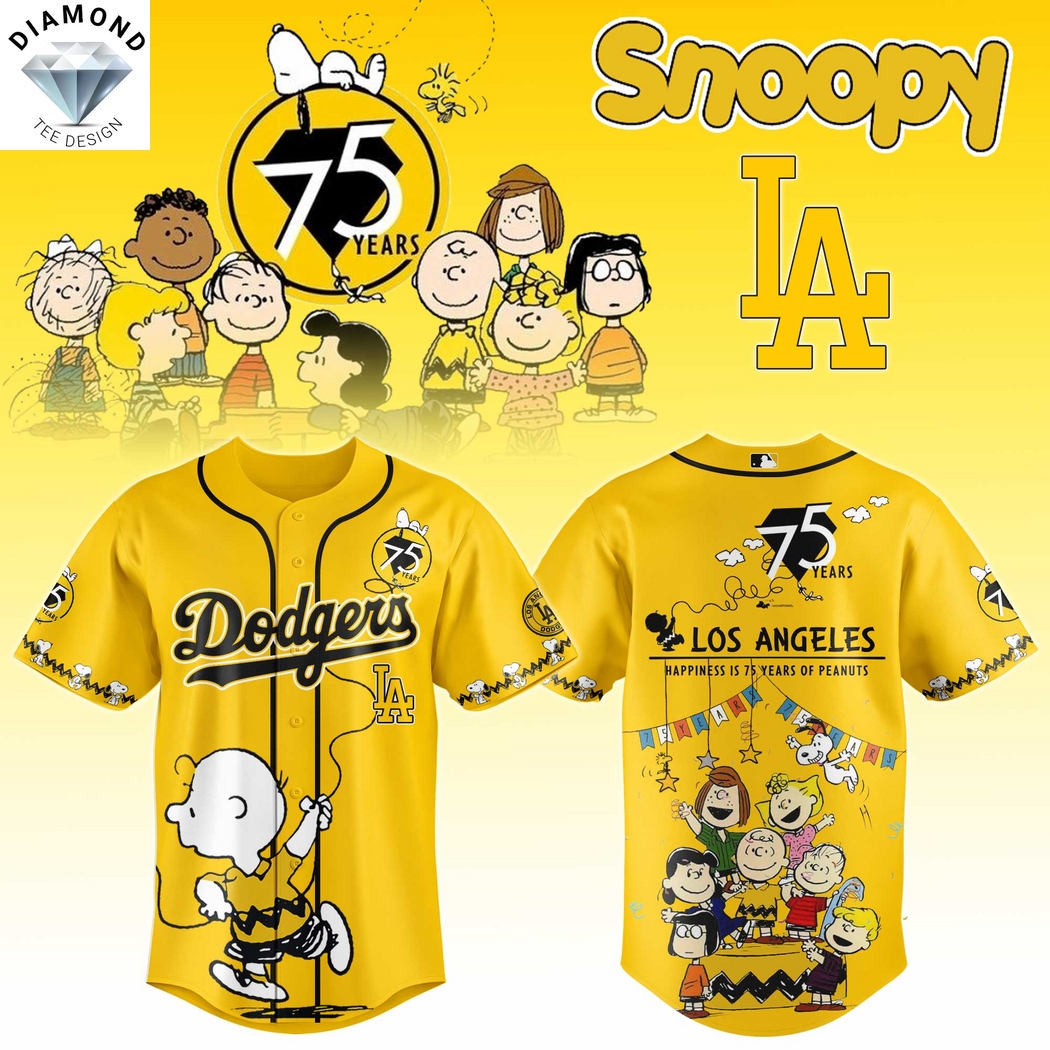 Los Angeles Dodgers Happiness 75 Years Peanuts Baseball Jersey - Gold Los Angeles Dodgers Happiness 75 Years Peanuts Baseball Jersey - Gold