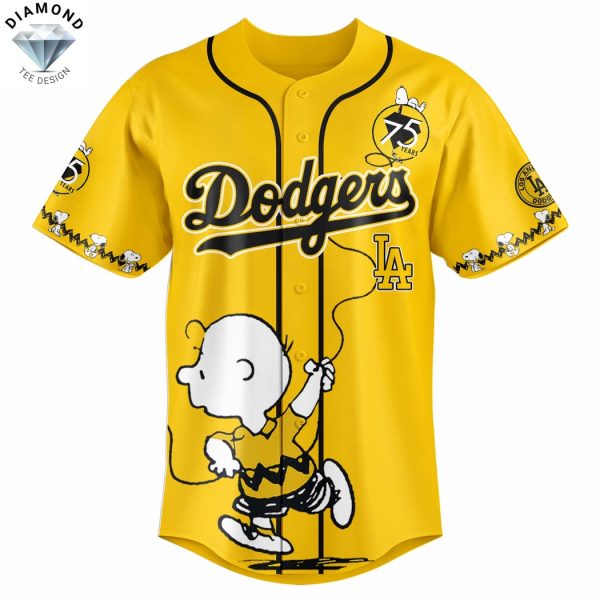 Los Angeles Dodgers Happiness 75 Years Peanuts Baseball Jersey – Gold
